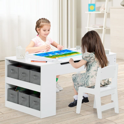 Costway 2-in-1 Kids Art Table and Chairs Set Wooden Toddler Craft