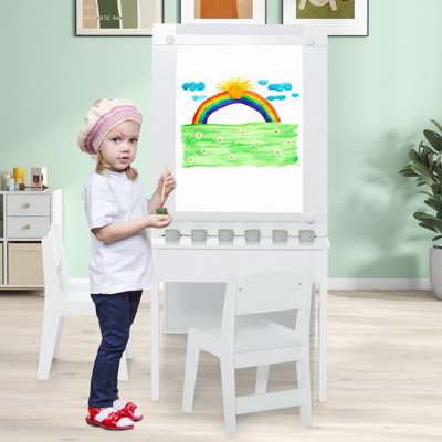 2-in-1 Kids Wooden Art Table and Art Easel Set with Chairs Storage Bins Paper Roll-Gray | Costway