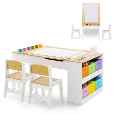 Costway 2-in-1 Kids Art Table and Chairs Set Wooden Toddler Craft Easel Desk W/ Shelves