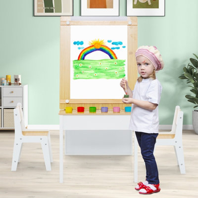 Costway 2 in 1 Kids Art Table and Chairs Set Wooden Toddler Craft Easel Desk W Shelves