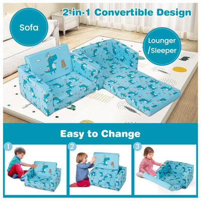 Costway 2 in 1 Kids Convertible Couch Children Fold out Sofa Bed Lounger Soft Velvet