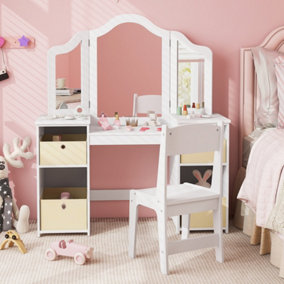 Costway 2-in-1 Kids Dressing Table & Chair Set Vanity Table Desk w/ Removable Mirrors