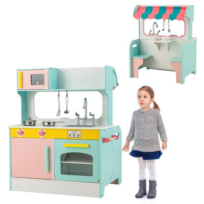 Costway 2 in 1 Kids Play Kitchen Restaurant Wooden Pretend Double sided Cooking Toy