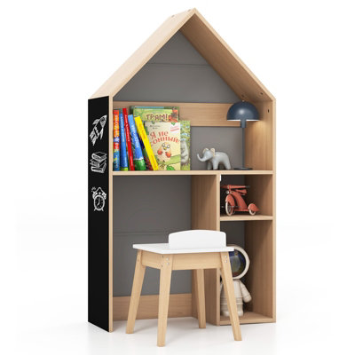 Costway 2-in-1 Kids Table and Chair Set House-Shaped Wooden Desk with Ample Storage