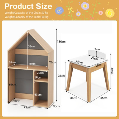 Costway 2-in-1 Kids Table and Chair Set House-Shaped Wooden Desk with Ample Storage