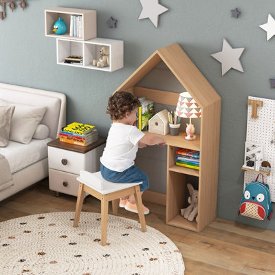 Costway 2-in-1 Kids Table and Chair Set House-Shaped Wooden Desk with Ample Storage