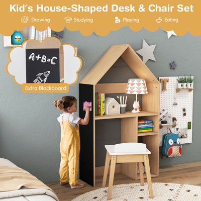 Costway 2-in-1 Kids Table and Chair Set House-Shaped Wooden Desk with Ample Storage