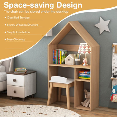 Costway 2-in-1 Kids Table and Chair Set House-Shaped Wooden Desk with Ample Storage