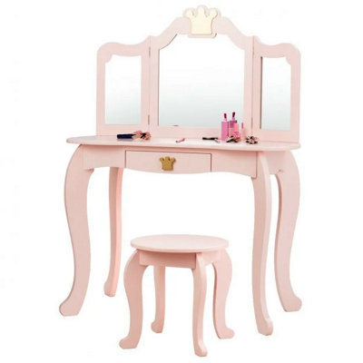 COSTWAY 2 in 1 Kids Vanity Makeup Dressing Table & Chair Set W/ Tri-fold Mirror & Drawer