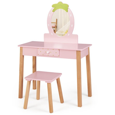 Costway 2 in 1 Kids Vanity Set Children Wooden Vanity Set w Stool Mirror Drawer