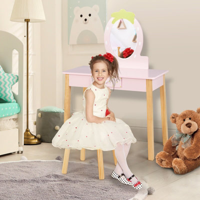Costway 2 in 1 Kids Vanity Set Children Wooden Vanity Set w Stool Mirror Drawer