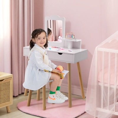 Costway 2 in 1 Kids Vanity Set Kids Wood Vanity Table Stool w Mirror 2