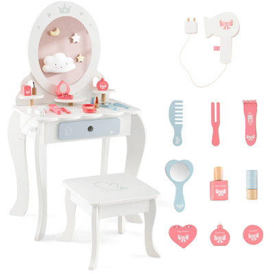 Costway 2-in-1 Kids Vanity Set Makeup Table & Chair Set w/ Removable Mirror for Kids 3+