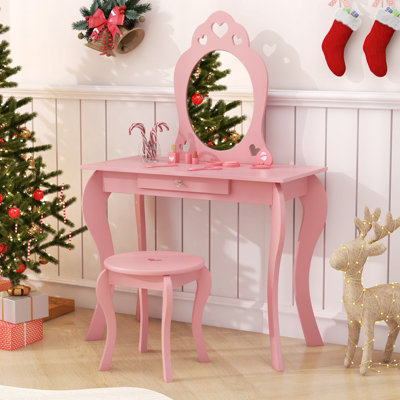 Costway 2 in 1 Kids Vanity Table and Chair Set Makeup Dressing Table Writing With Mirror