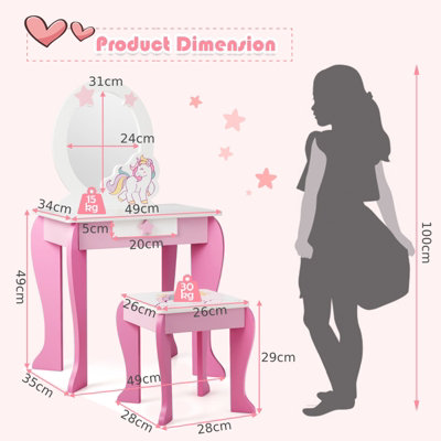 Costway 2 in 1 Kids Vanity Table and Chair Set Princess Makeup Dressing Table Writing Desk