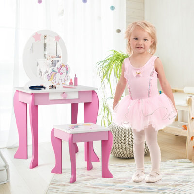 Costway 2 in 1 Kids Vanity Table and Chair Set Princess Makeup Dressing Table Writing Desk