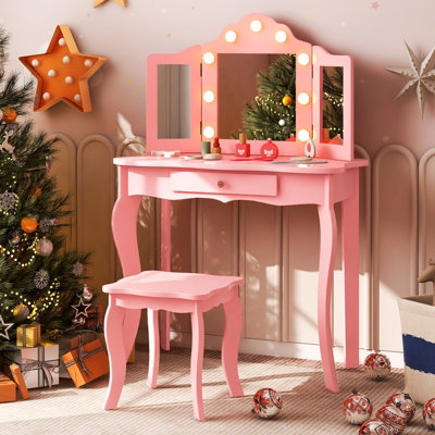 Costway 2 in 1 Kids Vanity Table and Stool Set Makeup Dressing Table w/ Tri-Folding LED Lighted Mirror