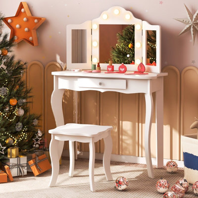 Costway 2 in 1 Kids Vanity Table and Stool Set Makeup Dressing Table w/ Tri-Folding LED Lighted Mirror