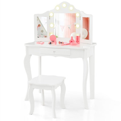 Costway 2 in 1 Kids Vanity Table and Stool Set Makeup Dressing Table w Tri Folding LED Lighted Mirror DIY at B Q