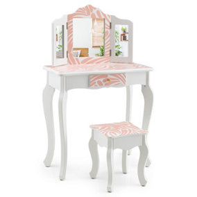 Costway 2 in 1 Kids Vanity Table and Stool Set Makeup Dressing Table W/ Tri-folding Mirror & Drawer