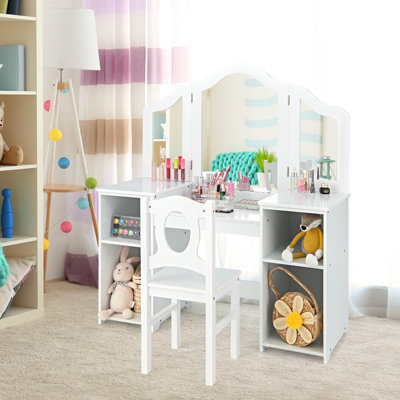Costway 2 in 1 Kids Vanity Table Chair Set Makeup Table Dressing Table Desk