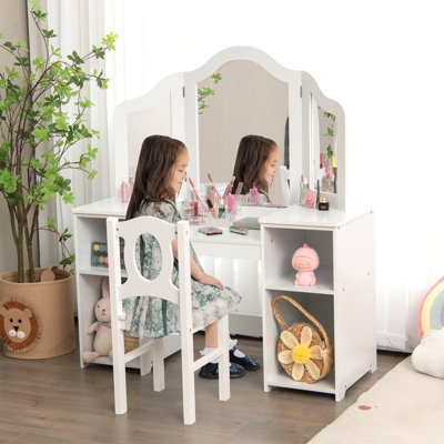 Costway 2 in 1 Kids Vanity Table Chair Set Makeup Table Dressing Table Desk