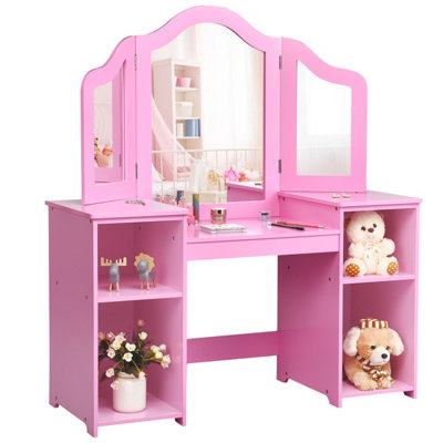 Costway 2 In 1 Kids Vanity Table Children Dressing Table Set w Mirror Storage Shelves