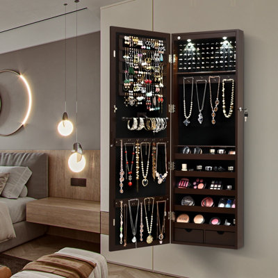 Costway 2 IN 1 Mirror Jewelry Cabinet Wall Mounted/Door Hanging Jewelry Armoire W/ Storage Drawers - 4