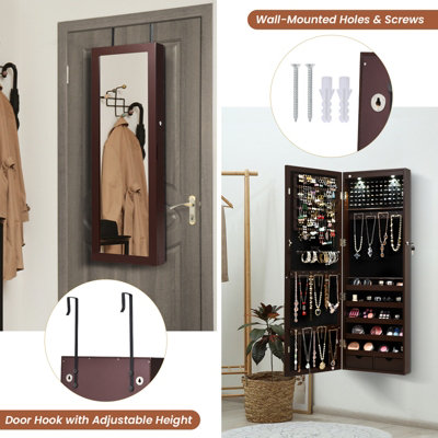 Costway 2 IN 1 Mirror Jewelry Cabinet Wall Mounted/Door Hanging Jewelry Armoire W/ Storage Drawers - 8