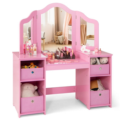 Costway 2 in 1 Princess Pretend Play Makeup Vanity Desk Kids Dressing Table w Mirror