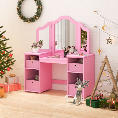 Costway 2 in 1 Princess Pretend Play Makeup Vanity Desk Kids Dressing Table w Mirror