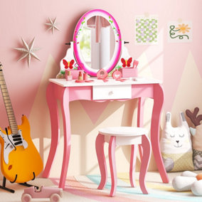 Costway 2-in-1 Toddler Kids Vanity Makeup Dressing Table & Chair Set W/ Mirror & Drawers
