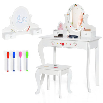 Costway 2 in 1 Toddler Kids Vanity Makeup Dressing Table Chair Set W Mirror