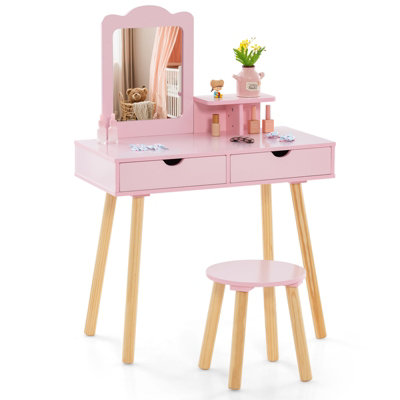 Costway 2-in-1 Toddler Kids Vanity Makeup Dressing Table & Chair Set W/ Mirror & Drawers