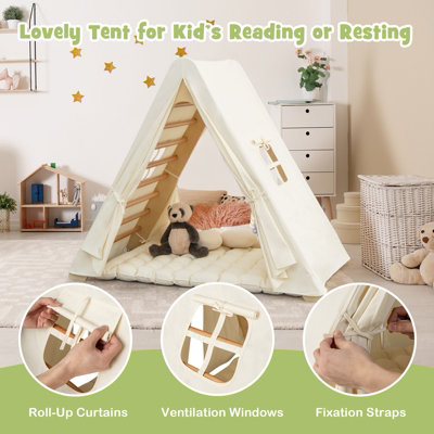 Costway 2-in-1 Triangle Climbing Set Kids Wooden Climbing Play Tent with 7cm Thick Pad - 7
