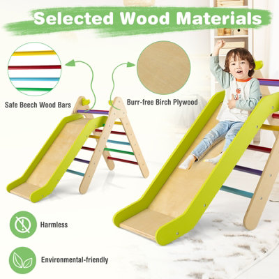 Costway 2-in-1 Triangle Climbing Set Wooden Indoor Outdoor Climbing Toy for Kids 3+ - 6