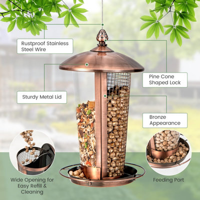 Costway 2-in-1 Wild Bird Feeder for Outdoor Hanging Metal Bird Feeder w/ 2 Tubes - 7