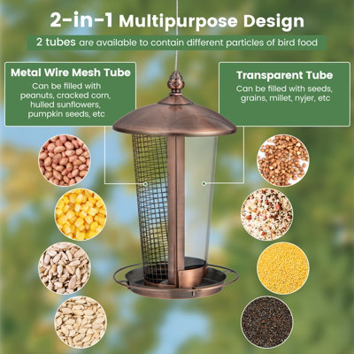 Costway 2-in-1 Wild Bird Feeder for Outdoor Hanging Metal Bird Feeder w/ 2 Tubes - 4