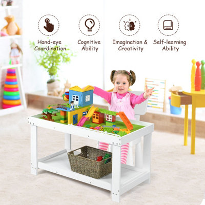 Costway 2 in 1 Wooden Kids Play Table with Double layer Storage White DIY at B Q