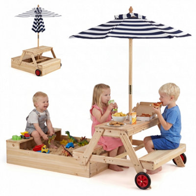 COSTWAY 2-in-1 Wooden Sandbox with Foldable Umbrella and Convertible ...