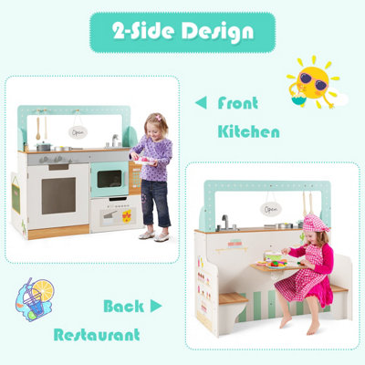 INFANS 2 In 1 Kids Play Kitchen And Restaurant, Double Sided Toddler Wooden Pretend Cooking Set With Stove Sink Microwave Storag