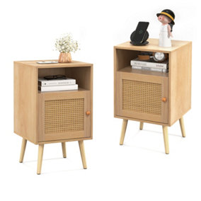 Costway 2 Pack Rattan Nightstand Bedside Table Wooden End Table w/ Storage Cabinet