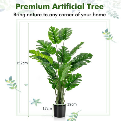 Costway 2 PCS 152cm Artificial Monstera Deliciosa Plant Faux Evergreen Tree W/ Cement Pot Home