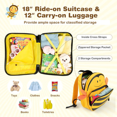 Costway 2 PCS Kids Luggage Set 4L Backpack + 17L Ride-on & Carry-on Hardshell Suitcase - 4