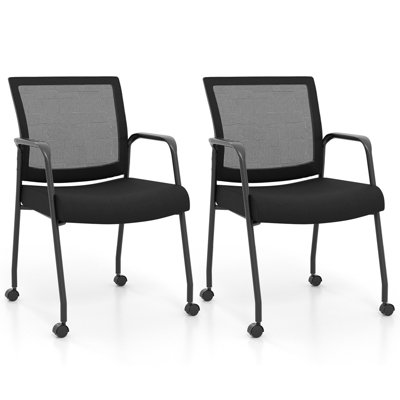 COSTWAY 2 Pcs Office Guest Chairs on Wheels Mesh Back Reception Chair