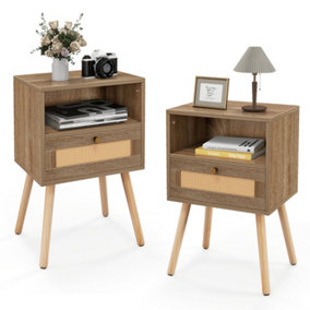 Costway 2 Pcs Rattan Nightstand Set Boho End Table Compact Bedside Table
