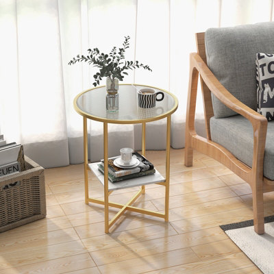 Costway 2 PCS Tempered Glass End Table Beside Coffee Sofa Side Table W/Faux Marble Shelf