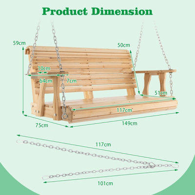 Costway 2-Person Porch Hanging Swing Chair Wooden Garden Swing Bench W/ Cup Holders