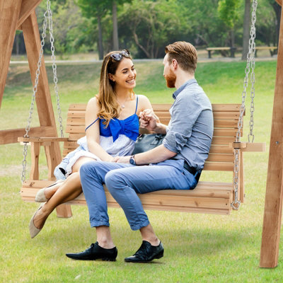 Costway 2-Person Porch Hanging Swing Chair Wooden Garden Swing Bench W/ Cup Holders - 3