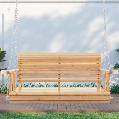 Costway 2-Person Porch Hanging Swing Chair Wooden Garden Swing Bench W/ Cup Holders